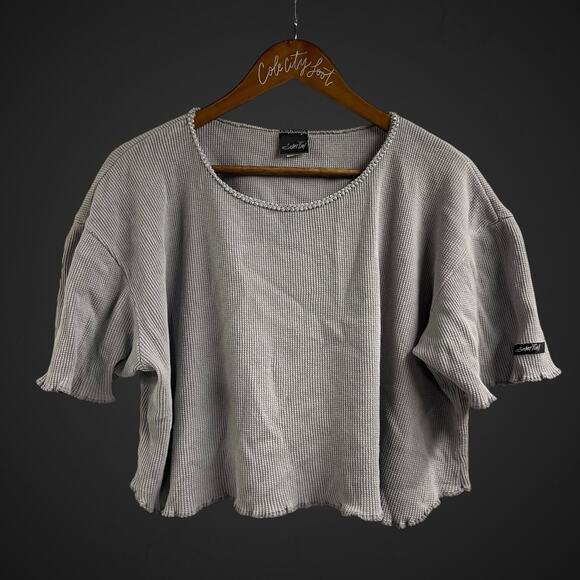 Susan Fixel Top Gray Waffle Knit Boxy Crop Large Vintage Lettuce Hem - Picture 1 of 6